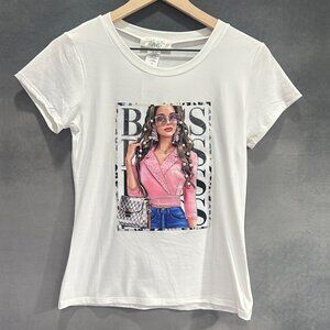 Step NY Womens White T-Shirt‎ Size Small Boss Rhinestone Crew Neck Short Sleeve